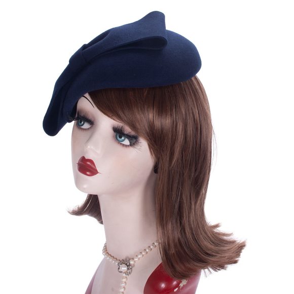 Teardrop Women 1940s Wool Felt Fascinator Hat Bow Tam Beret Casque A568 (navy🦖 - Picture 6 of 8